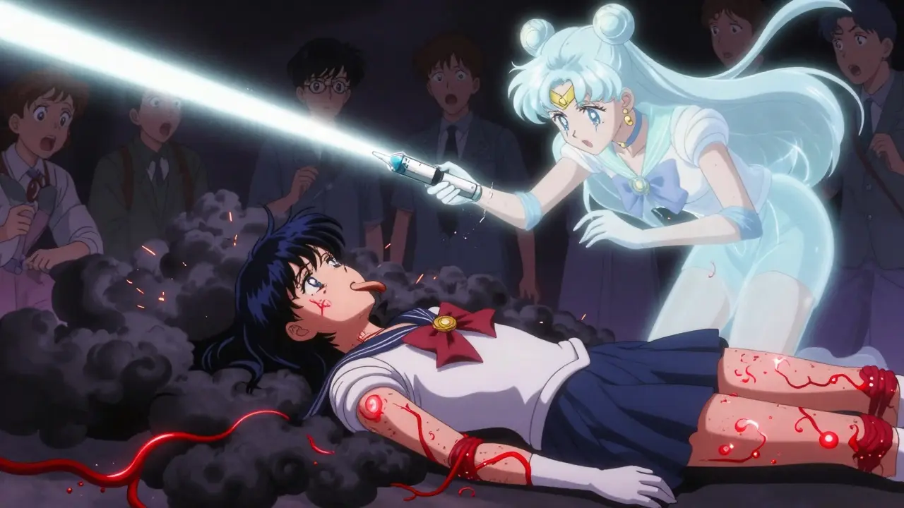 A teen in anaphylaxis is saved by an epinephrine injection that shatters dark clouds with radiant light.