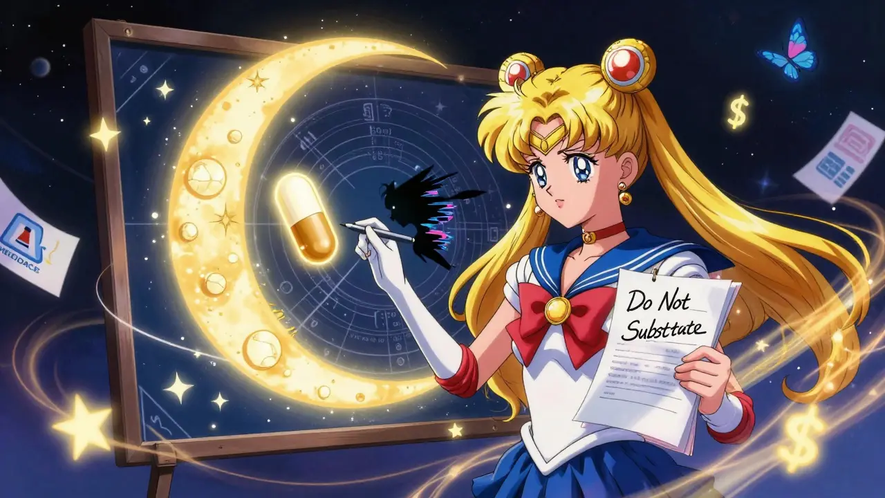 An elderly woman confronts a glowing formulary board, her prescribed pill protected by a magical 'Do Not Substitute' note.