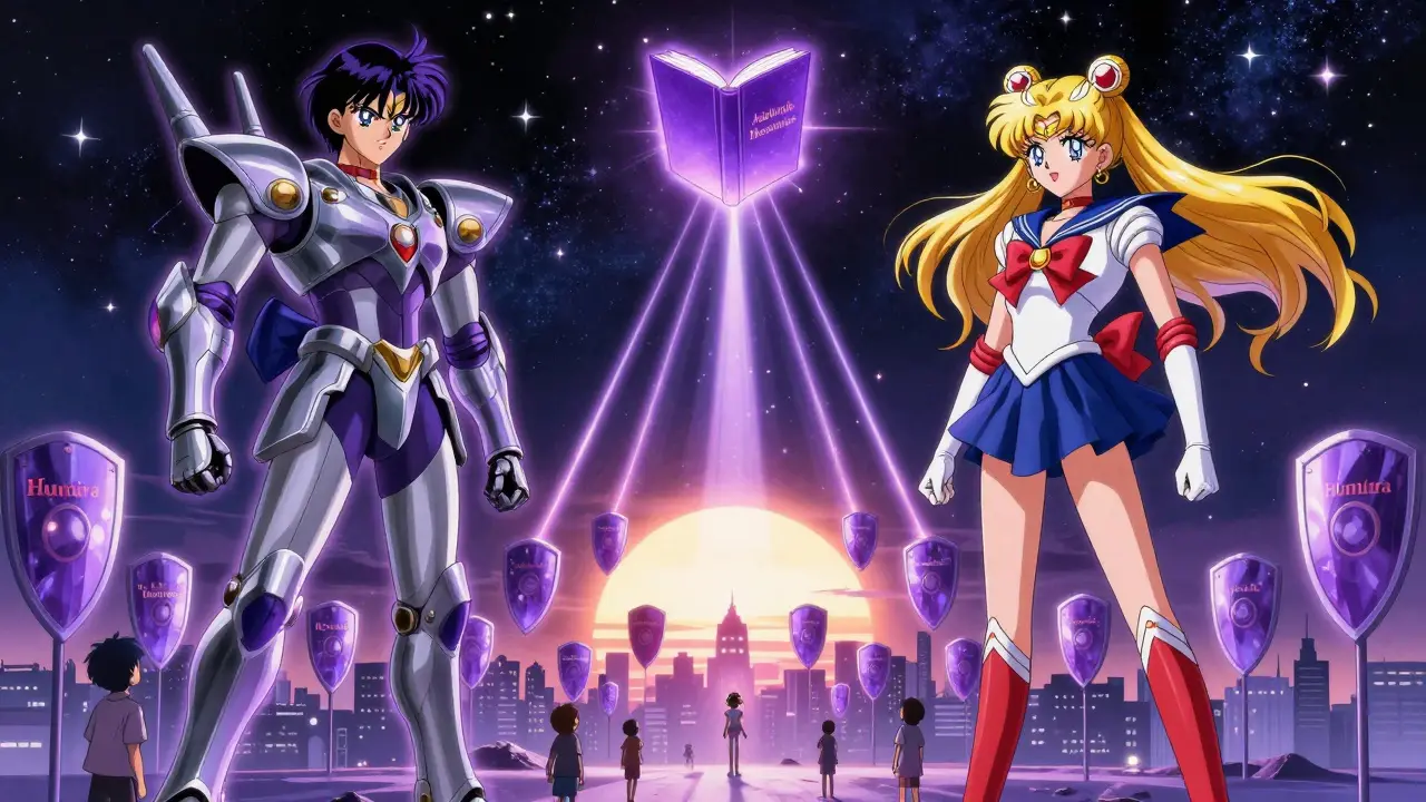 Armored drug figures stand together under a glowing Purple Book, one radiating purple light, in a celestial anime scene.