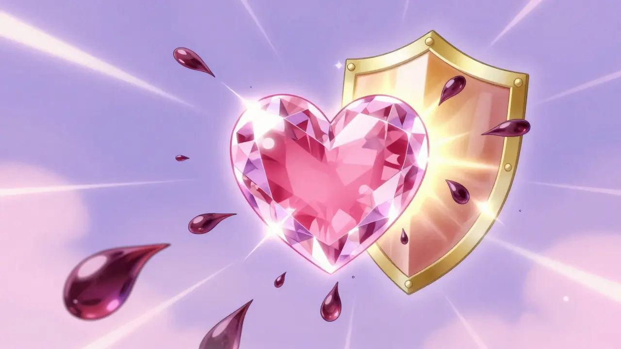 Crystal heart defended by golden shield against dark droplets.