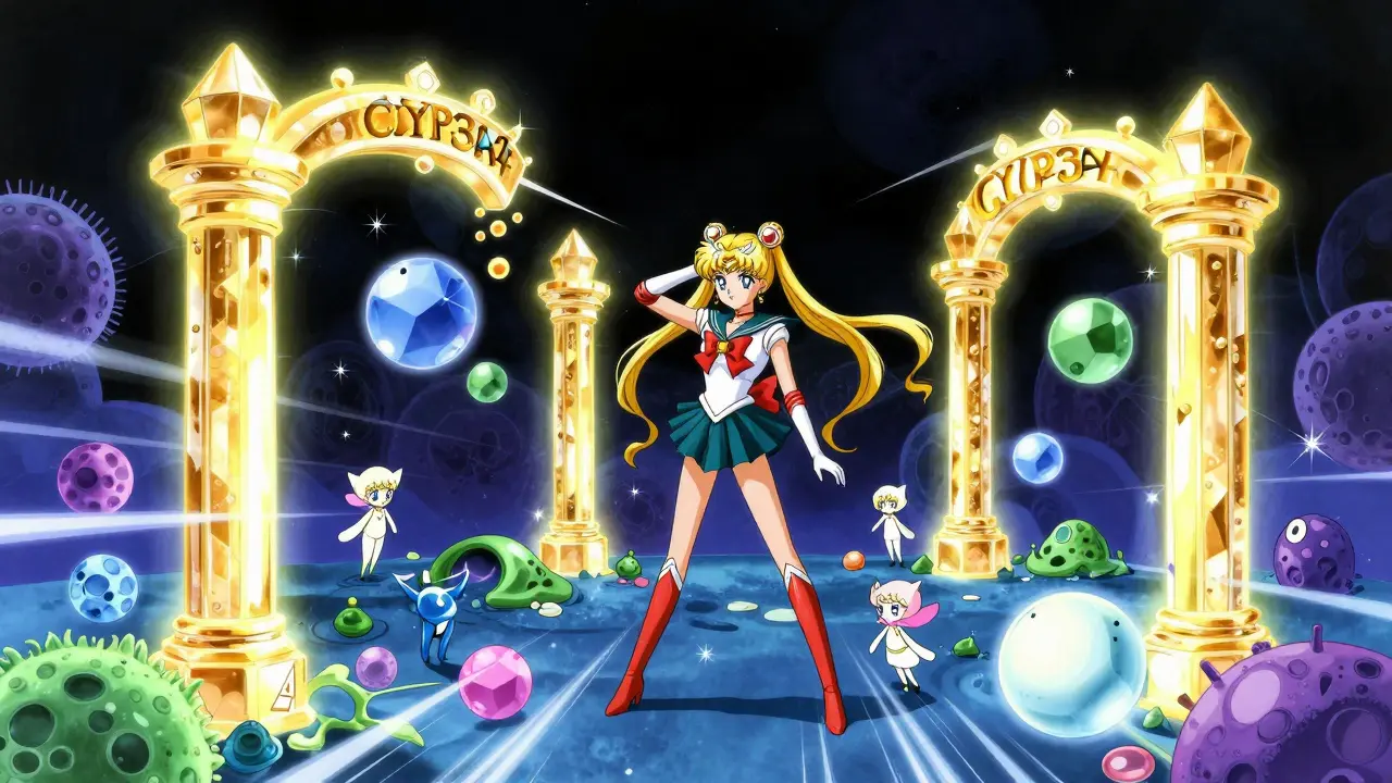 Crystalline enzyme gates processing medication orbs in anime art.