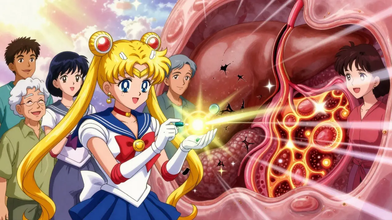 Diverse people taking glowing pills as their scarred livers transform into healthy organs.