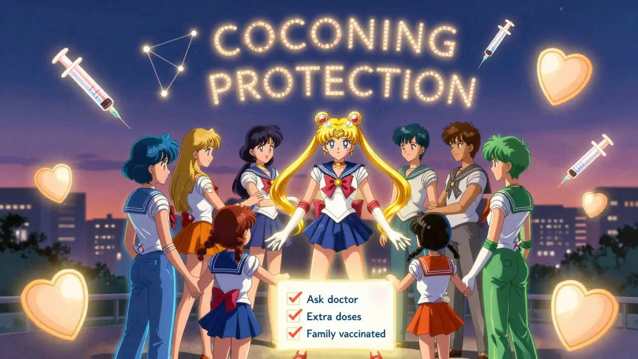 Family circles immunocompromised person with glowing vaccine auras, floating checklist and heart shields glow above them.