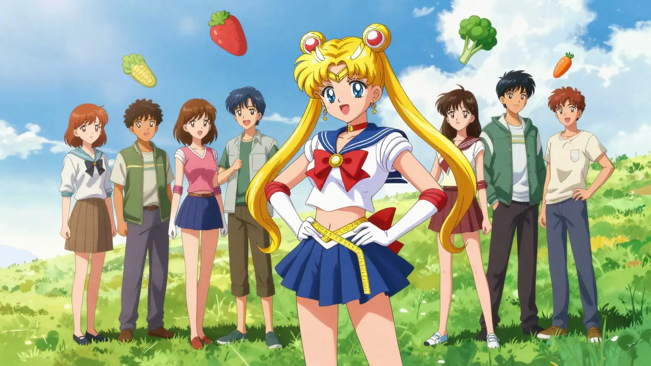 Group of friends with glowing tape measure in sunny field.