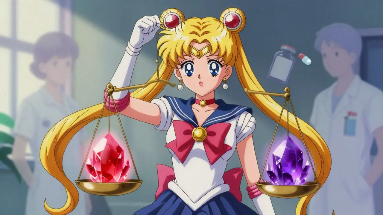 Healer balancing bleeding and clotting risks on a scale.