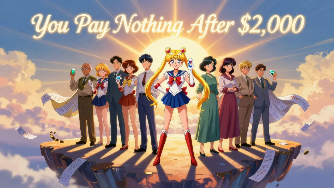 Medicare beneficiaries stand on a ,000 cap shield as sunlight shines behind them, each holding a different pill.