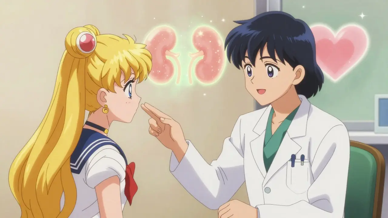 Patient and doctor talk with glowing organ symbols behind them