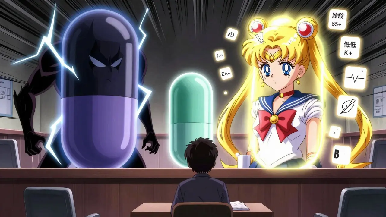 Three animated antibiotic capsules in a dramatic showdown, with clarithromycin as the dark threat and doxycycline as the safe hero.