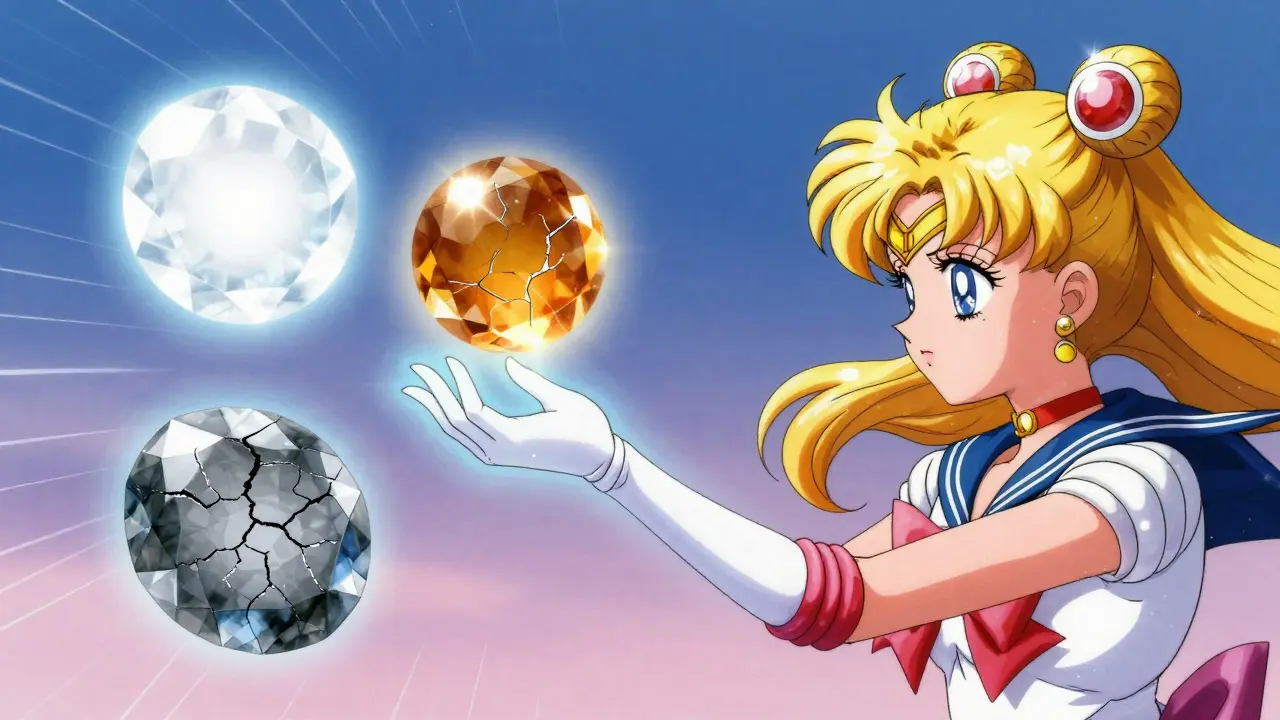 Three gems showing stages of liver damage from clear to cracked grey stone.