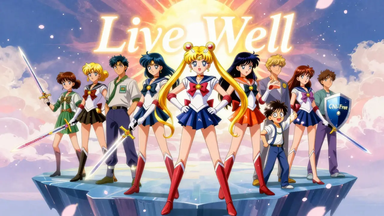 Transplant patients transforming into new warriors with Belatacept swords, shedding old drug labels as golden light and cherry blossoms surround them.