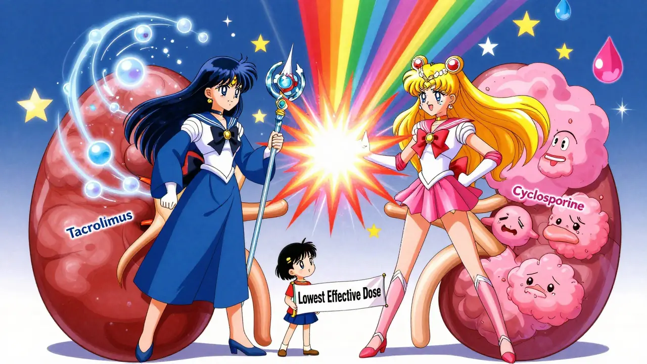 Two magical girl warriors representing cyclosporine and tacrolimus in a medical battle, surrounded by diabetes orbs, tremors, and medical symbols in a pastel anime style.