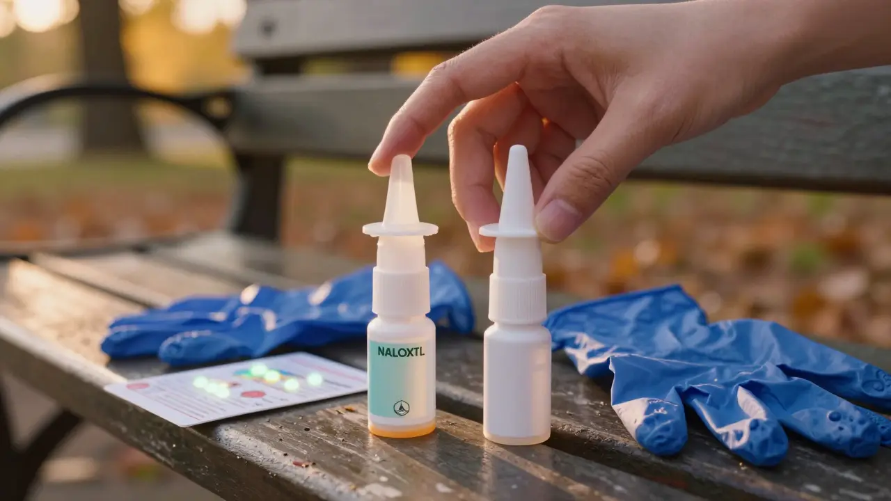 Two naloxone nasal spray devices on a bench, one used and one ready, with gloves and instructions nearby.