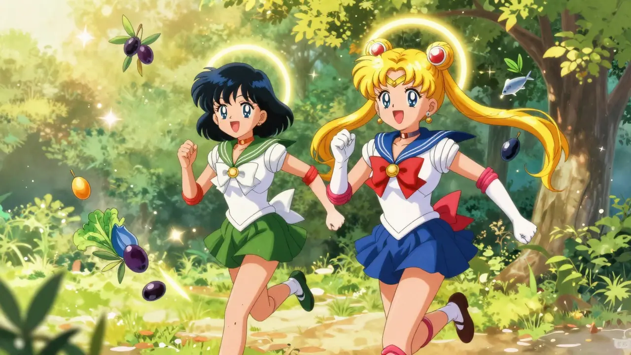 Two people jogging in sun surrounded by floating healthy food symbols.