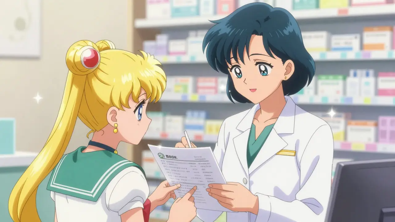 A patient and a pharmacist discussing a medication list in a bright, magical anime setting.