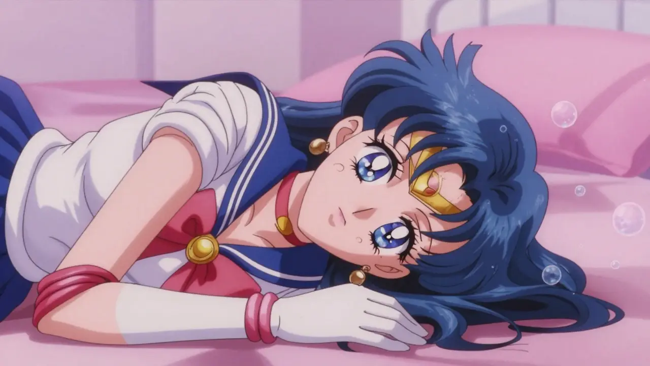 Anime character experiencing dizziness and low blood pressure in a pastel bedroom.