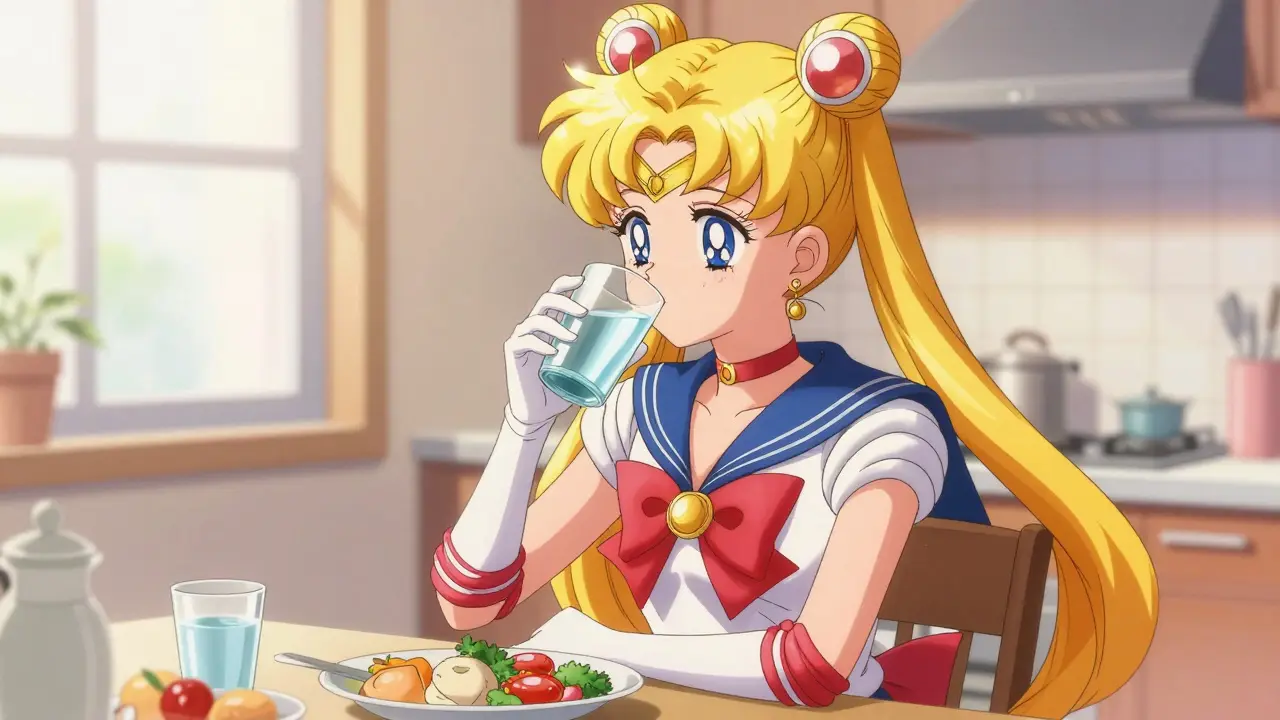Anime character having a meal and drinking water in a sunlit kitchen.