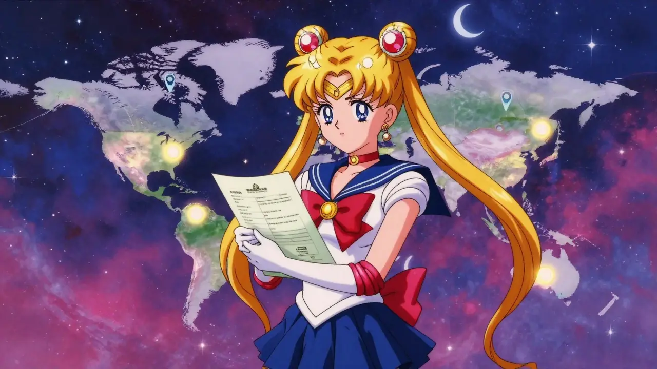 Anime character holding medical travel documents against a starry cosmic world map.