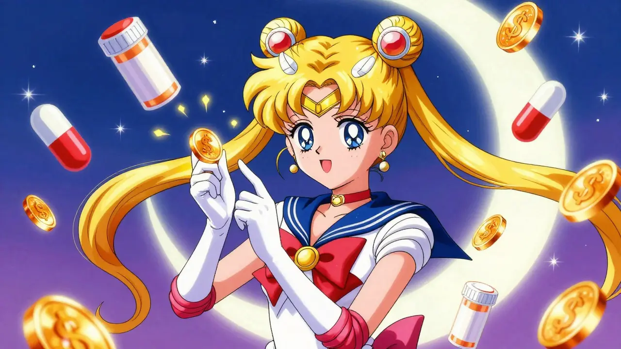 Anime character surrounded by floating coins and medicine bottles under a starry sky.