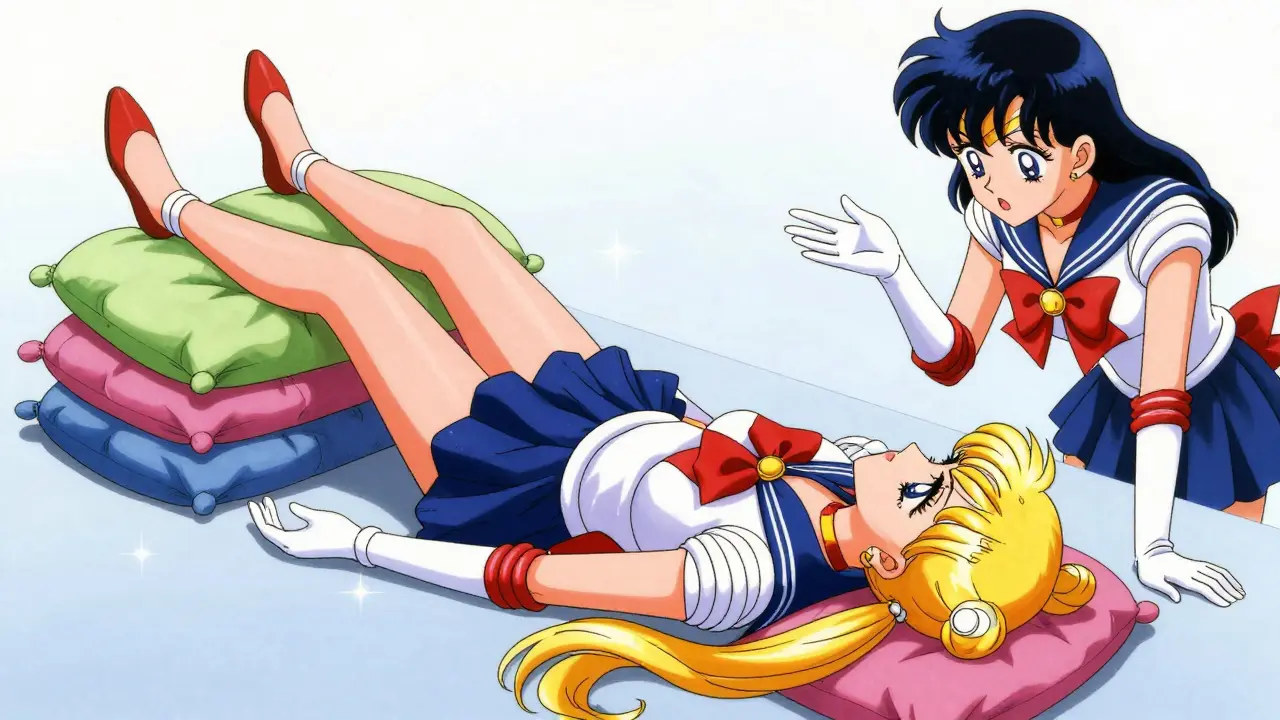 Anime illustration of a person in the Trendelenburg position with legs elevated.