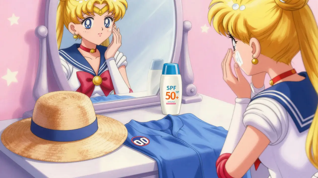 Character preparing UV protection with SPF 50+ sunscreen and a wide-brimmed hat.
