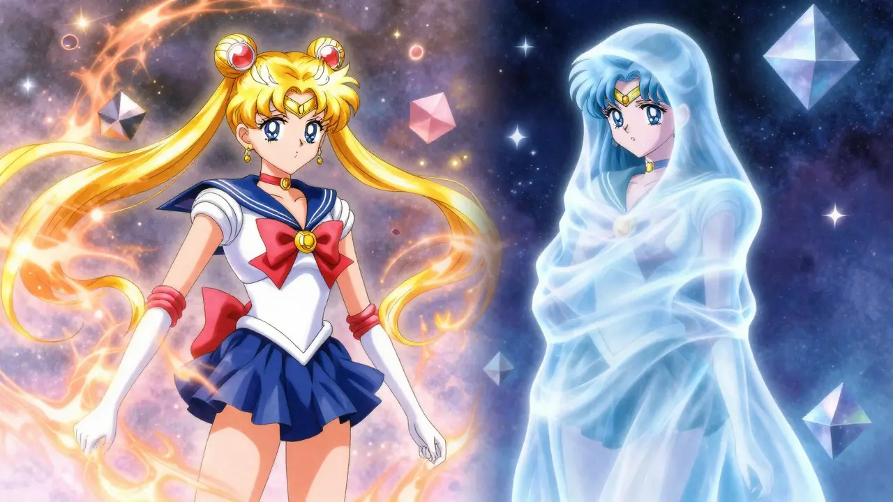 Conceptual anime art of a woman in a blue energy-saving cocoon