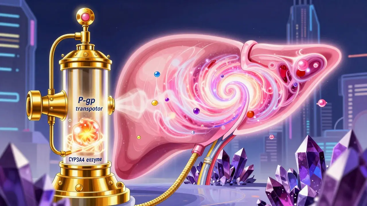 Conceptual magical illustration of P-gp pumps and CYP3A4 enzymes processing medication beads.