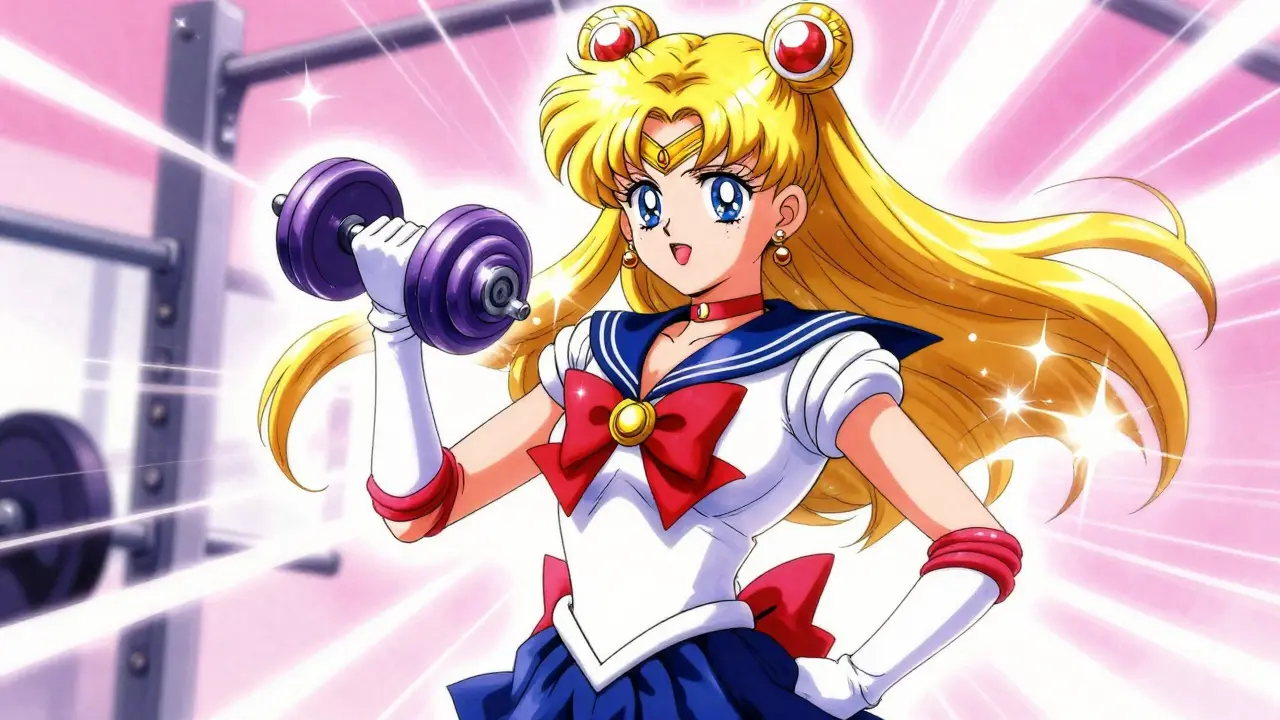 Determined anime woman lifting a weight with sparkling energy auras