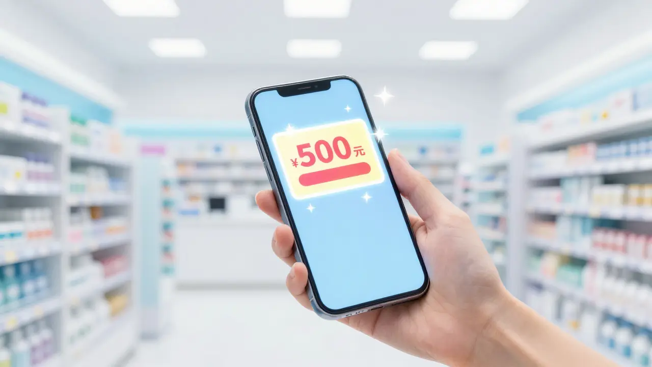 Glowing smartphone displaying a pharmacy discount coupon in anime style
