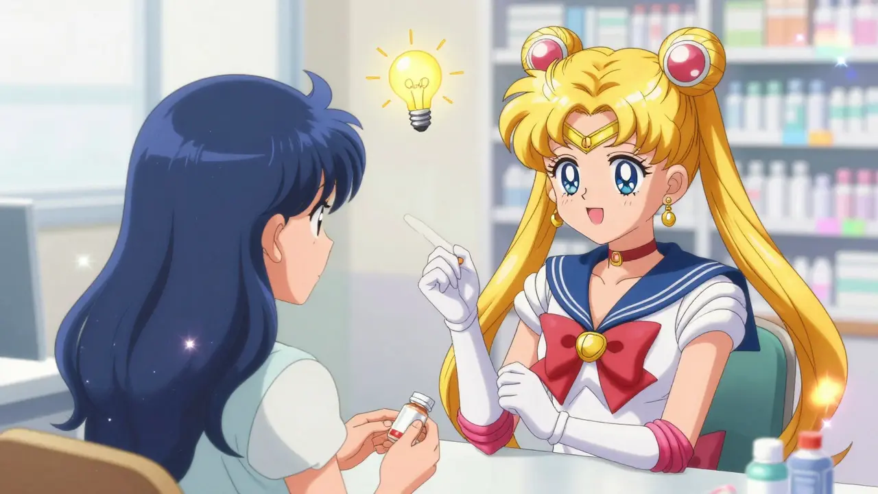 Patient successfully explaining medication use to a smiling pharmacist in anime style.