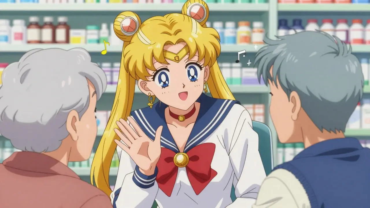 Pharmacist kindly counseling an elderly patient in a colorful anime style.