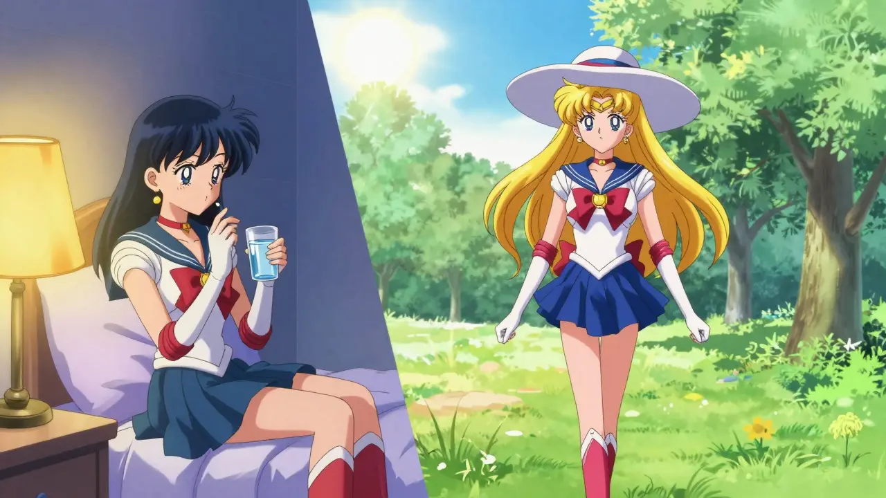 Split scene showing a patient taking medication at night and walking safely in the sun.