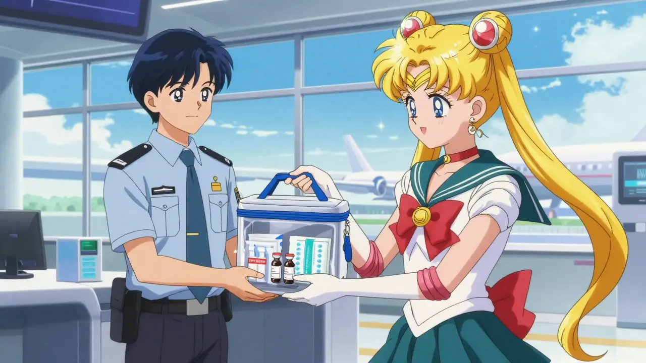 Traveler showing an insulated cooling bag with medication to an airport security officer.